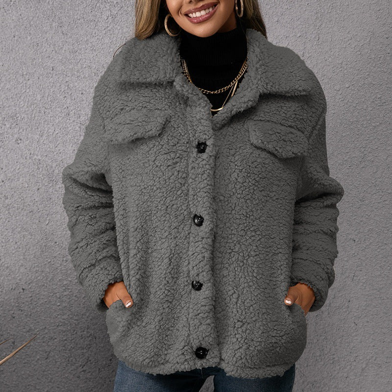 Lapel Single-breasted Fleece Coat