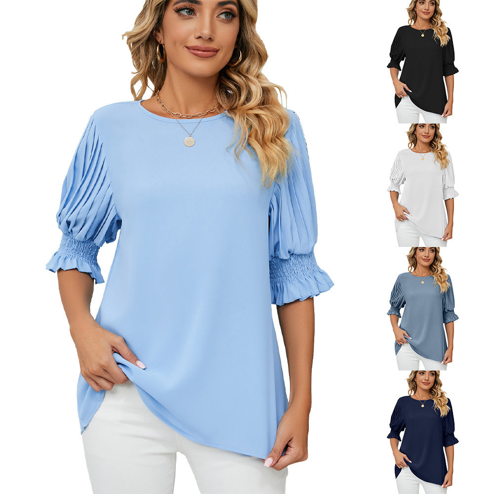 Round Neck Ruffles Chiffon Blouse