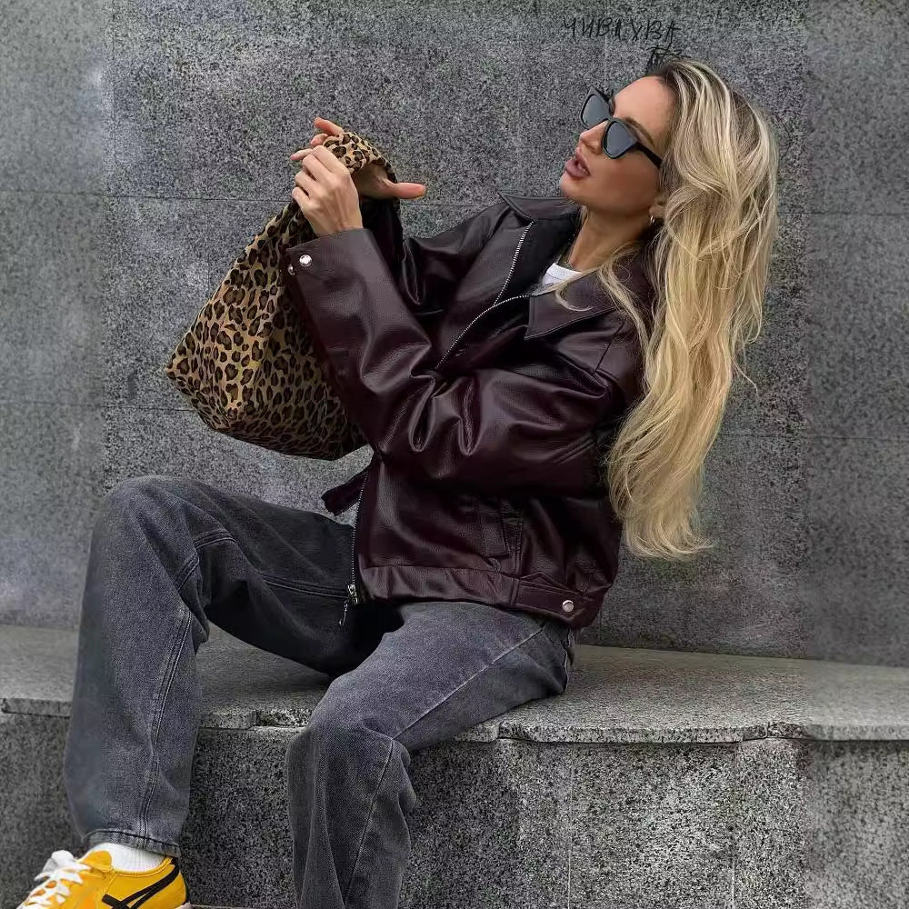 Leather Lapel Zipper Jacket