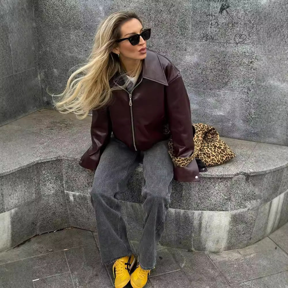 Leather Lapel Zipper Jacket