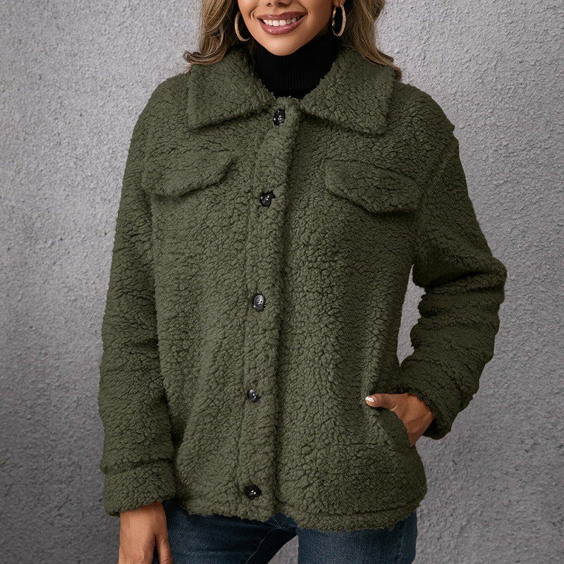 Lapel Single-breasted Fleece Coat