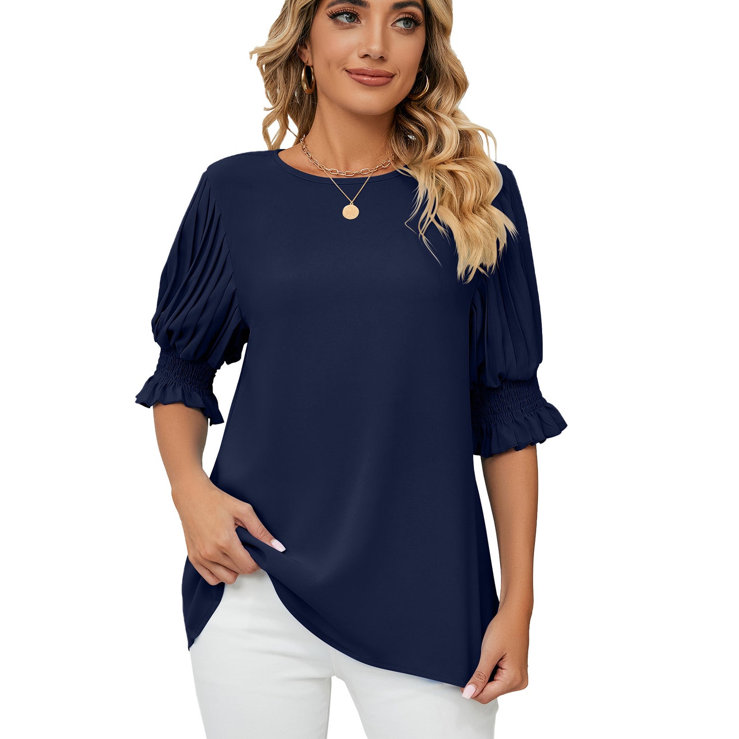 Round Neck Ruffles Chiffon Blouse