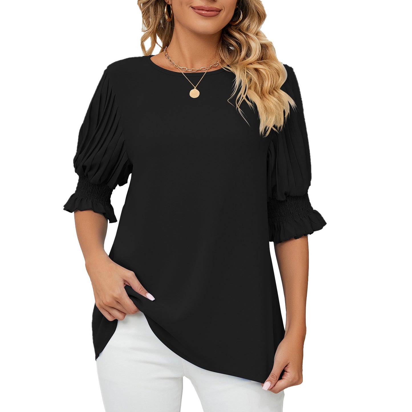 Round Neck Ruffles Chiffon Blouse