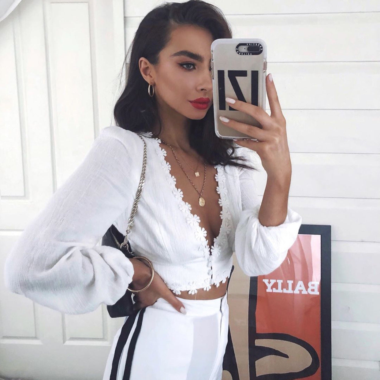 Floral Lace V Neck Cropped Blouse