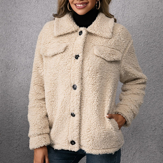 Classic lapel fleece coat with single-breasted design