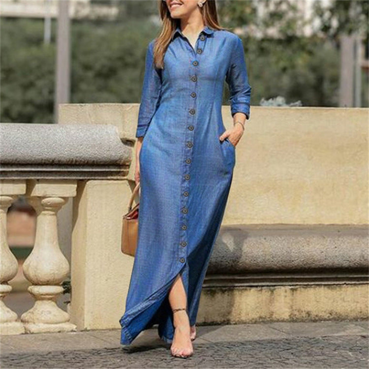 Trendy denim button-up maxi dress with shirt collar