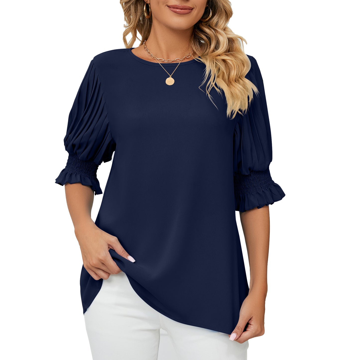 Round Neck Ruffles Chiffon Blouse