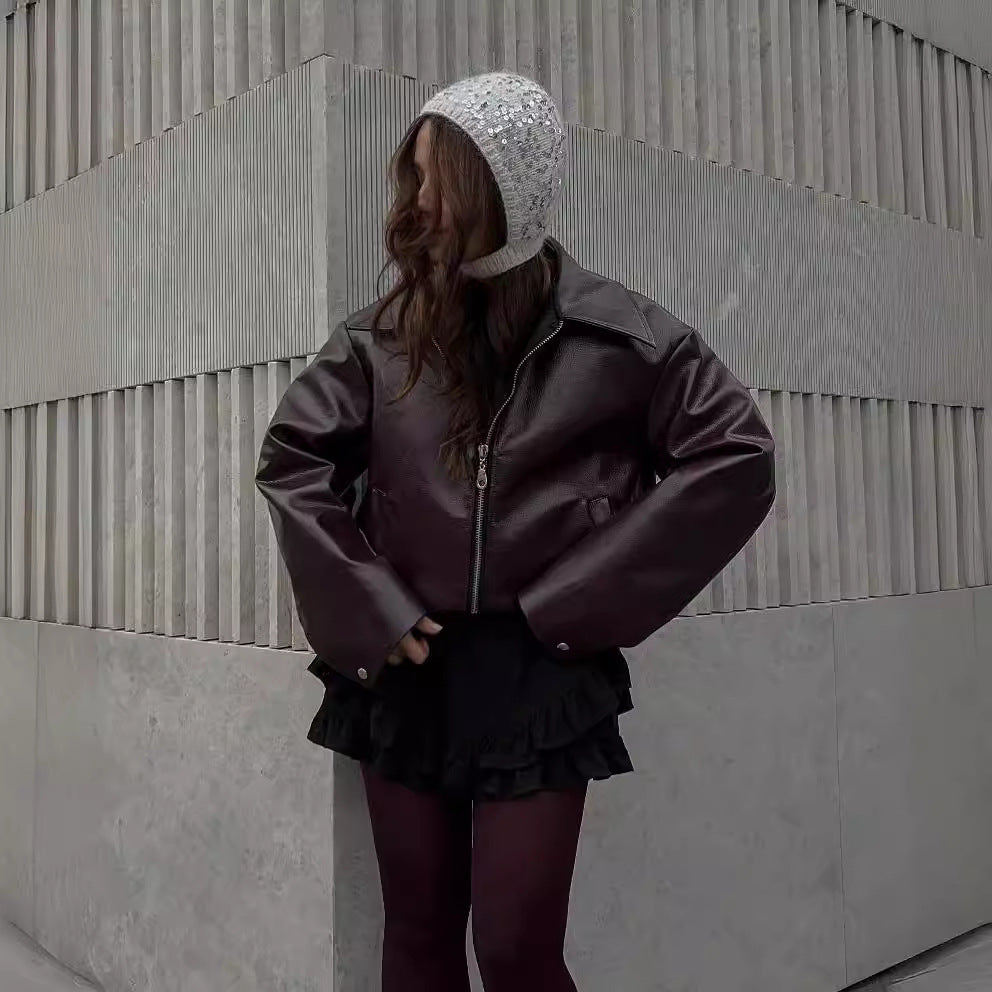 Leather Lapel Zipper Jacket