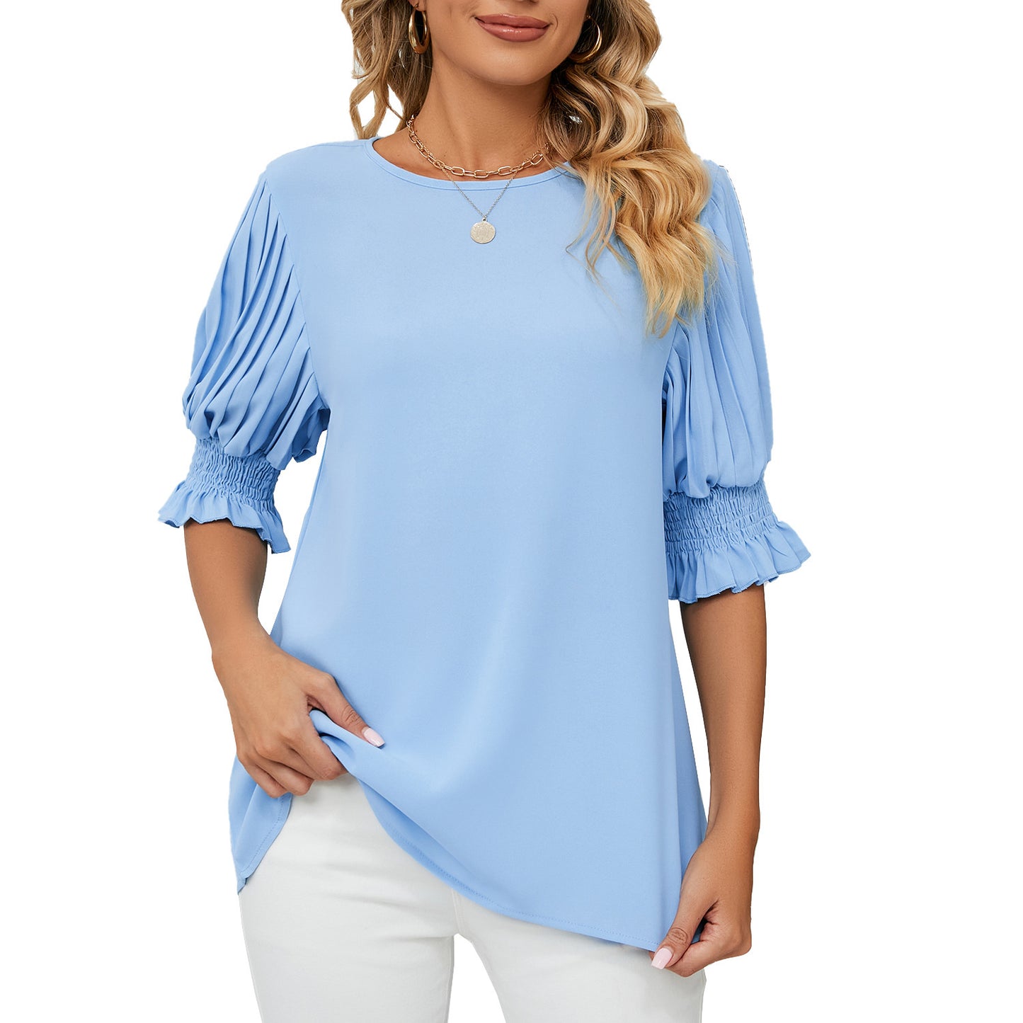 Round Neck Ruffles Chiffon Blouse