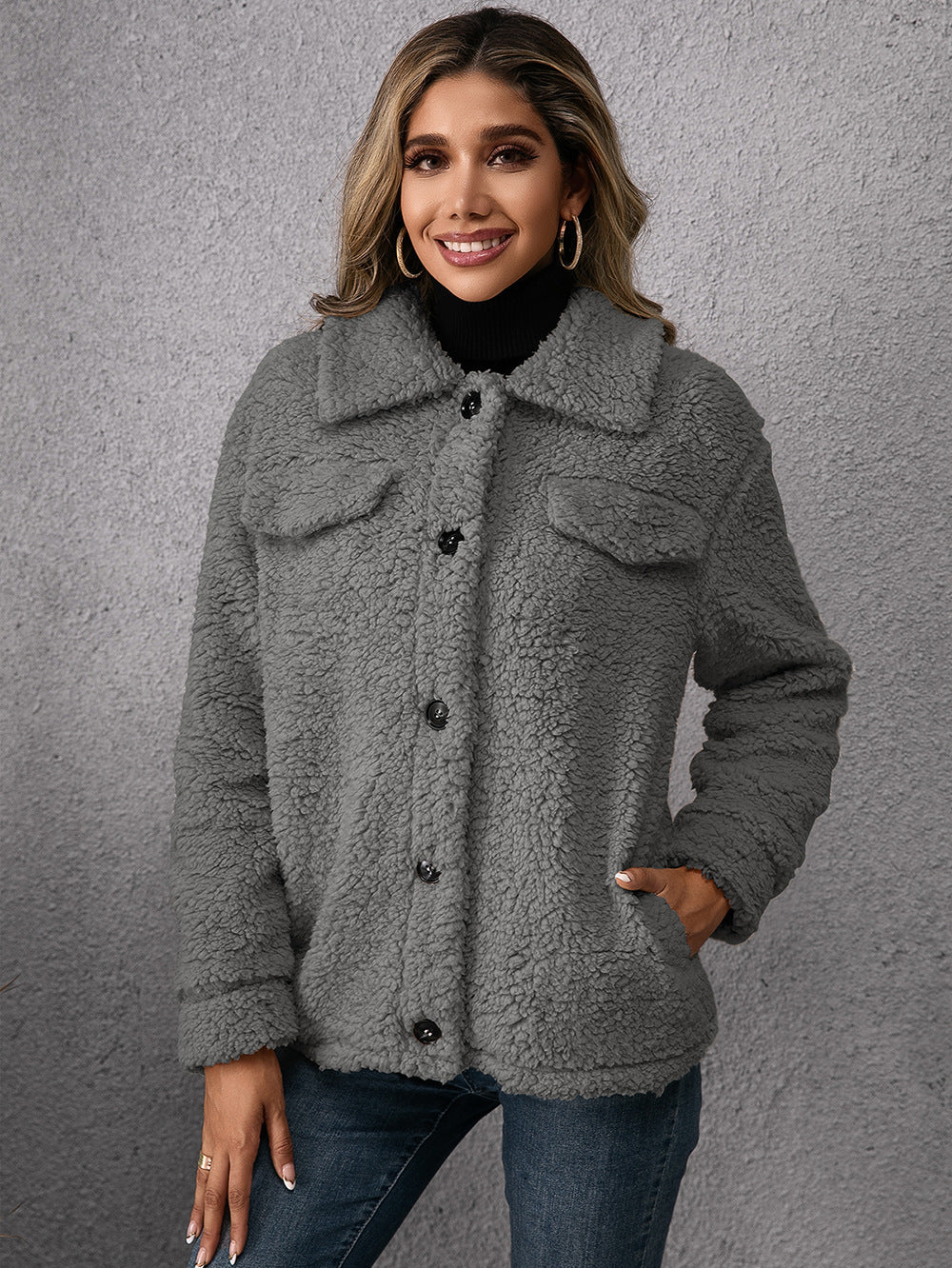 Lapel Single-breasted Fleece Coat
