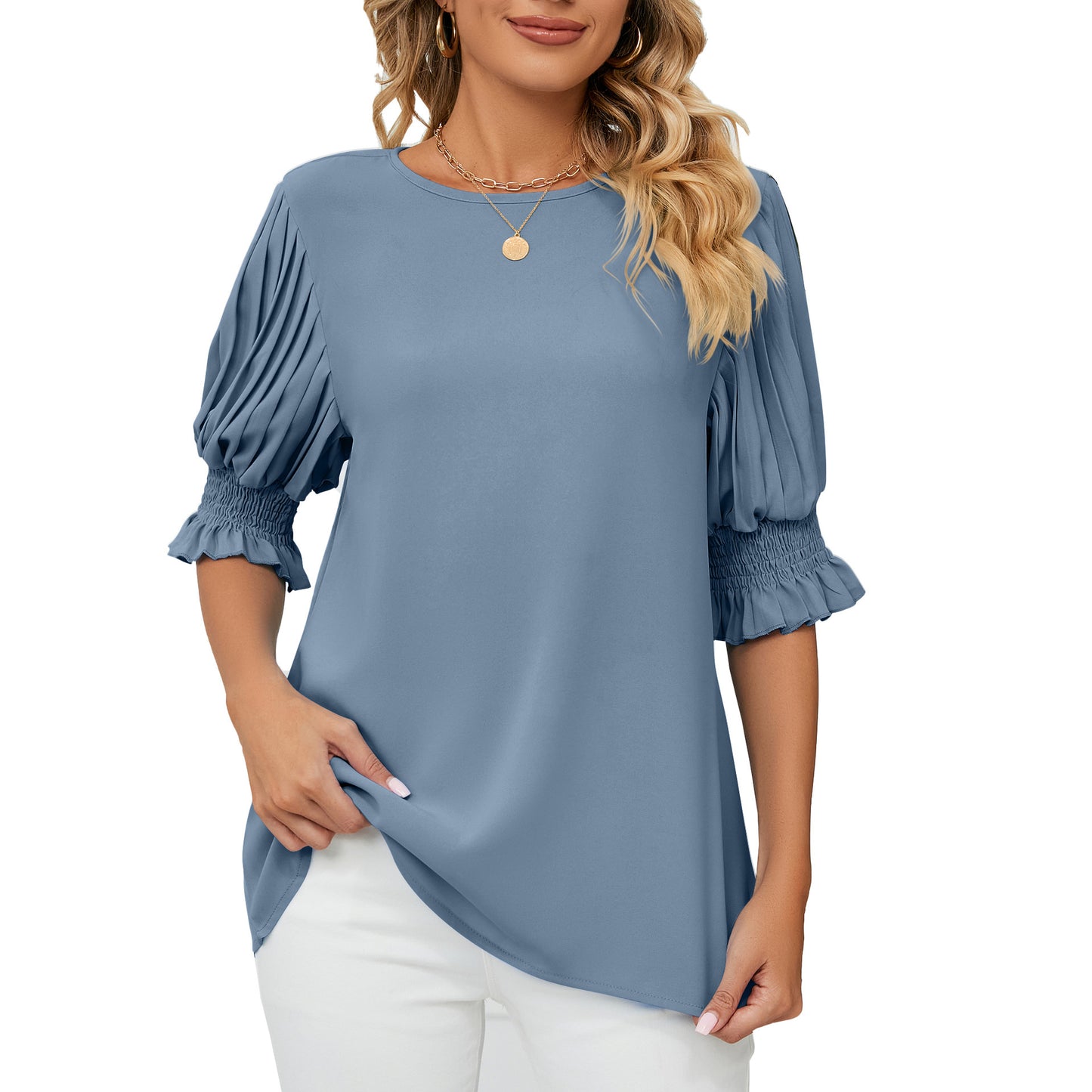 Round Neck Ruffles Chiffon Blouse