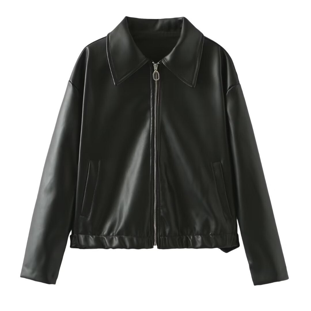 Leather Lapel Zipper Jacket