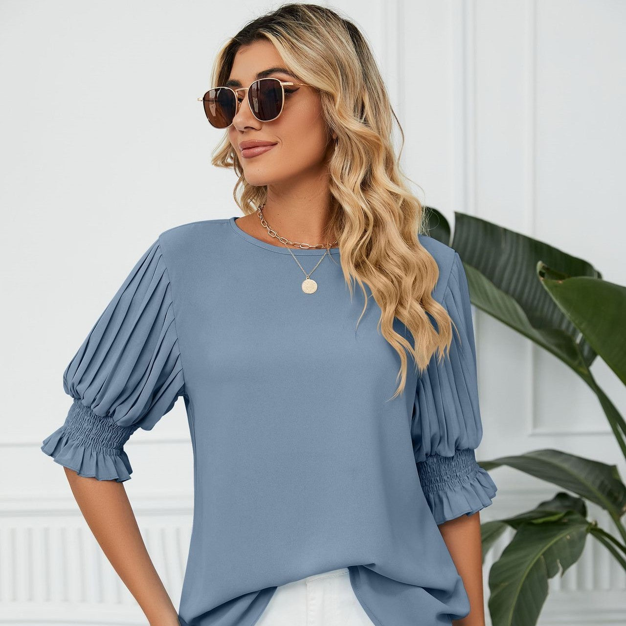 Elegant round neck ruffles chiffon blouse