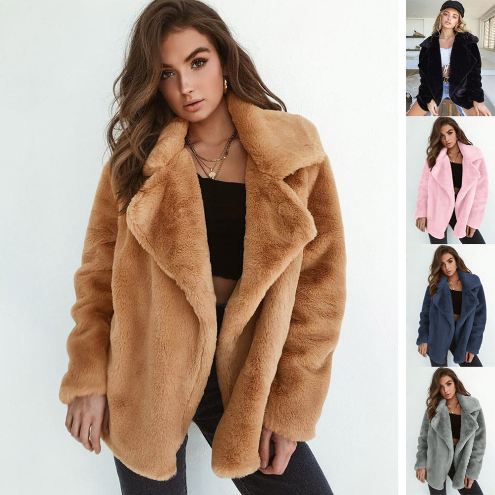 Plush lapel woolen coat